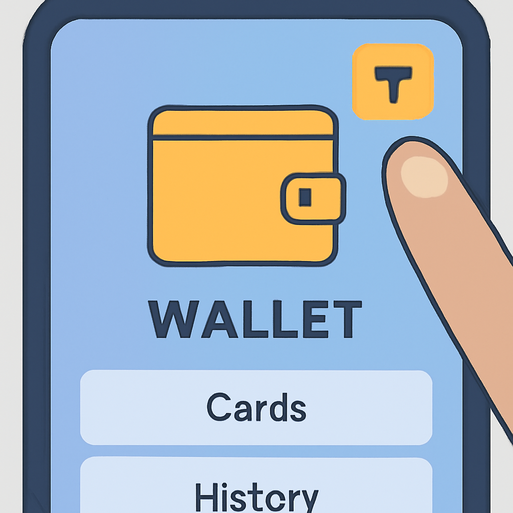 A close-up of a finger tapping a filter icon on a digital wallet app, with a highlighted top-right corner.