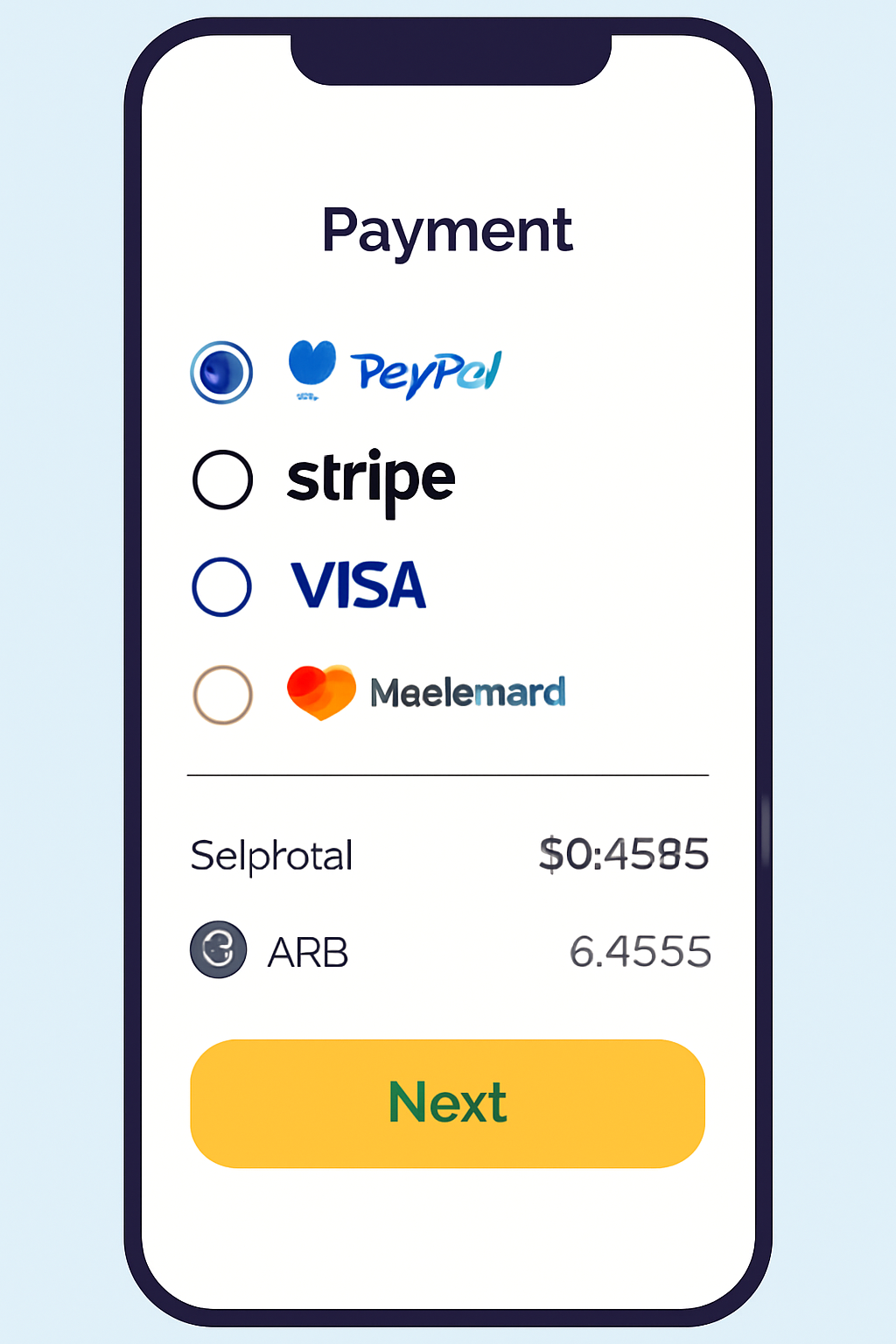 A mobile screen showing a list of payment providers, transaction summary with ARB price $0.4535, and a highlighted 'Next' button.