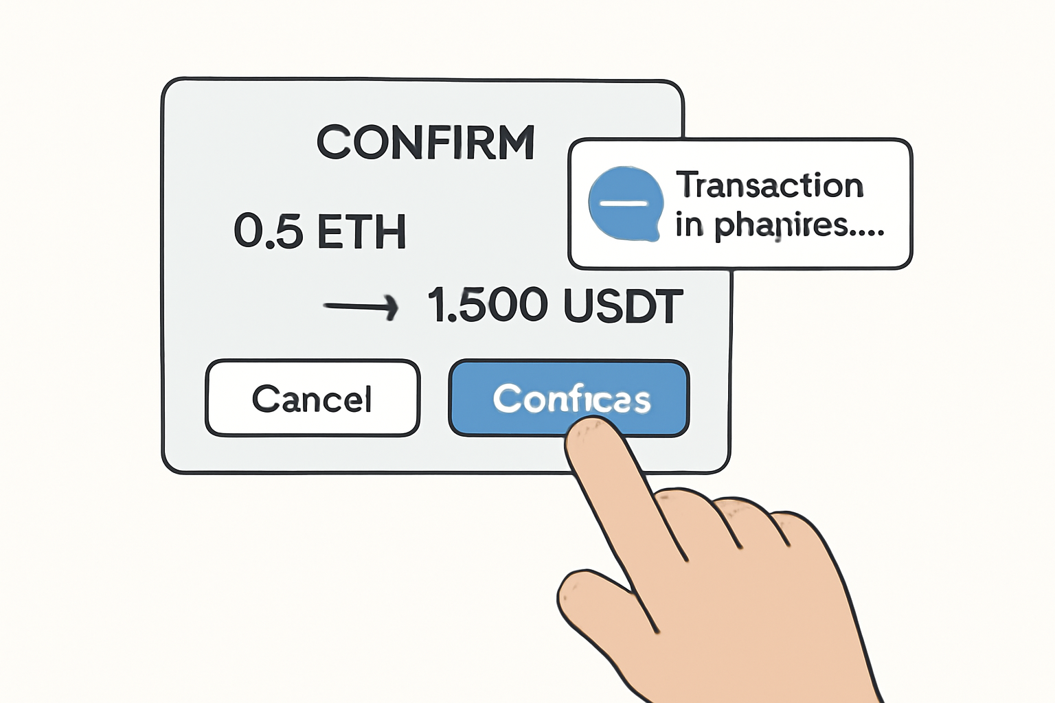 A confirmation dialog on an exchange, with a finger about to tap 'Confirm', and a notification of transaction in progress.