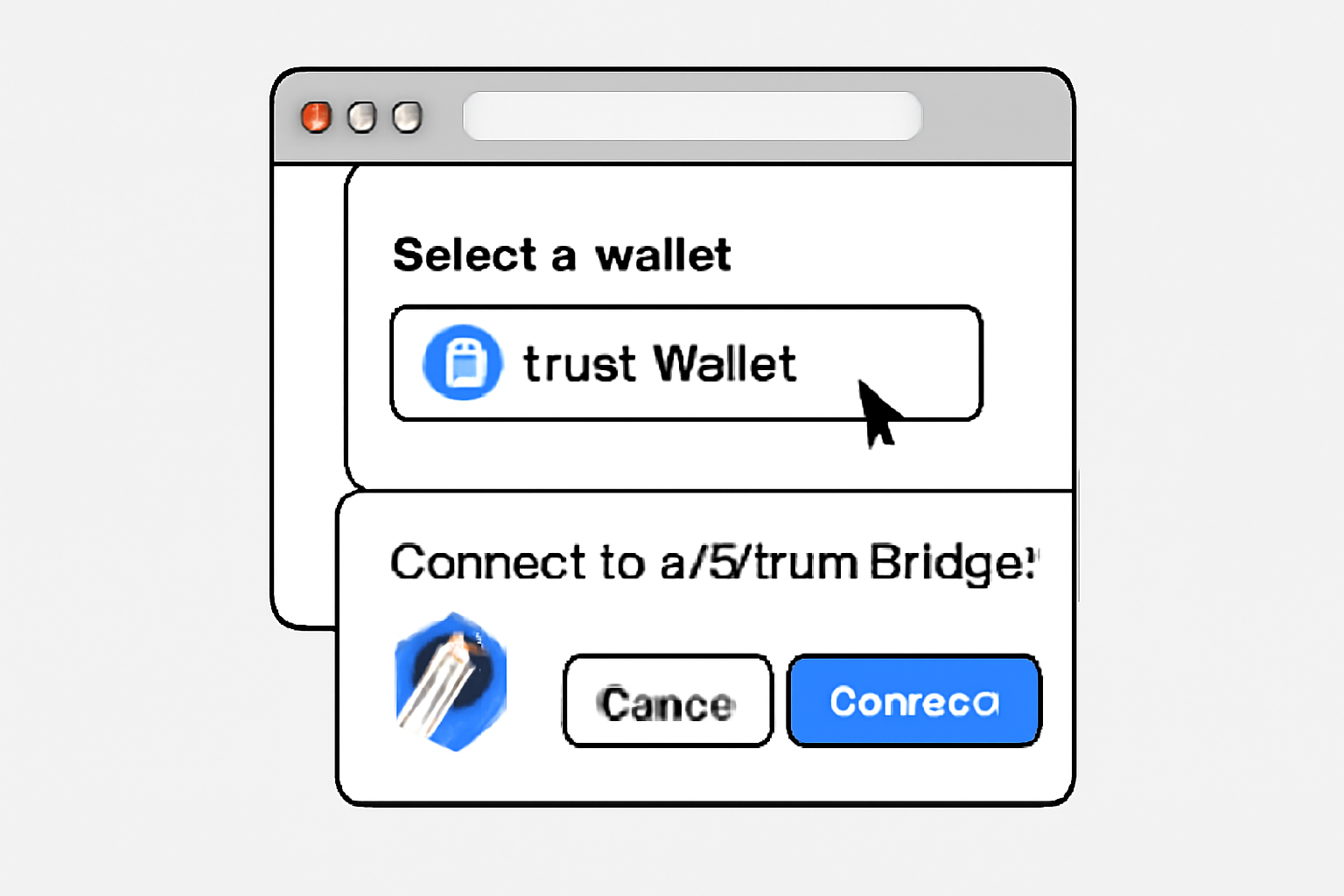 A browser pop-up showing the Trust Wallet extension being selected and a confirmation window for connecting to the Arbitrum Bridge.