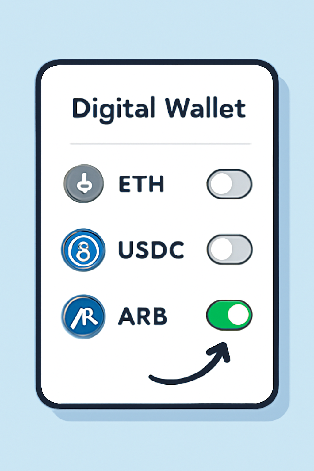 A digital wallet screen with a toggle switch being activated next to the ARB token, highlighting the addition of the token.
