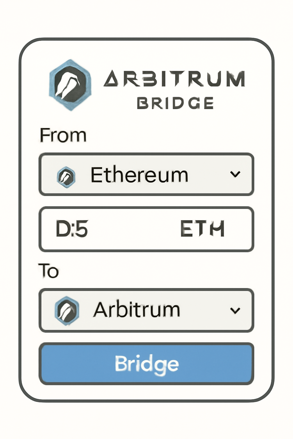 Arbitrum Bridge interface with the ETH amount field filled, showing a user entering '0.5 ETH' to bridge.
