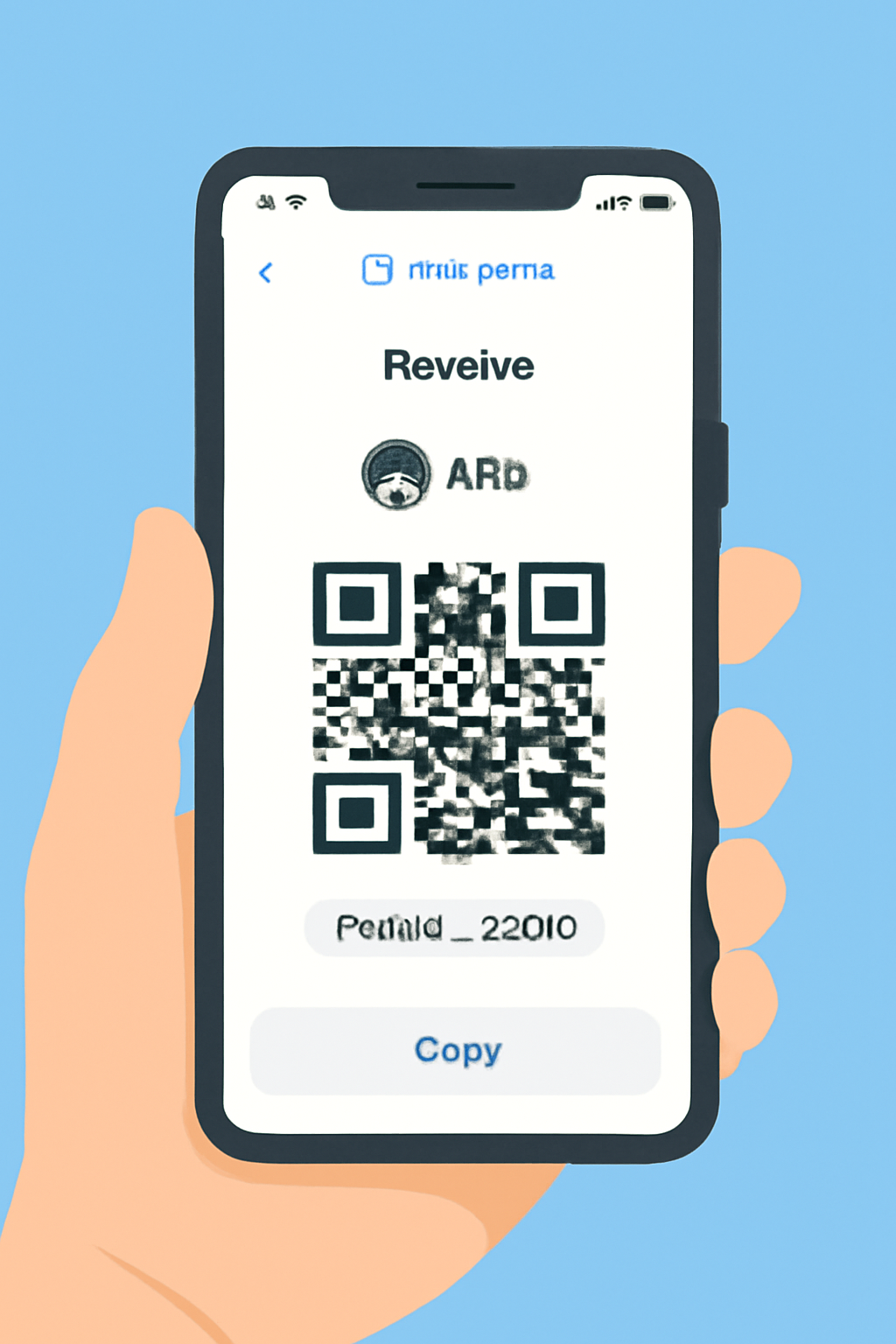 A hand holding a phone displaying the Trust Wallet 'Receive' screen with the ARB token selected and a QR code/address visible.