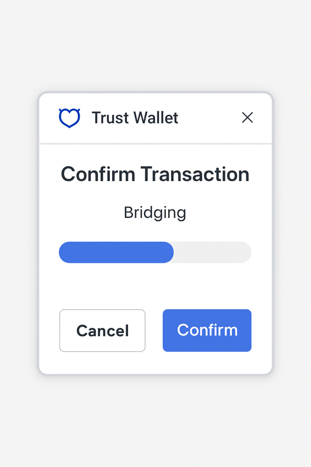 A Trust Wallet extension pop-up asking for transaction confirmation, with a progress bar indicating the bridging process.