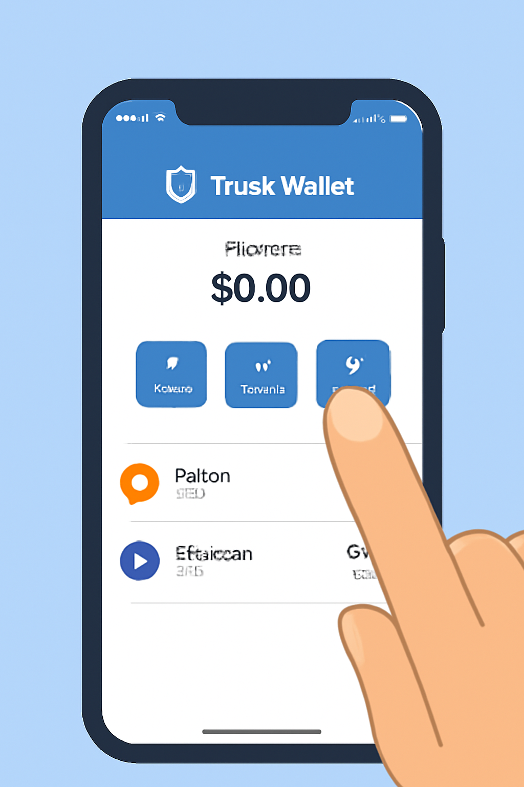 A smartphone screen showing the Trust Wallet app open, with a finger pointing to the prominent 'Buy' button on the main wallet page.