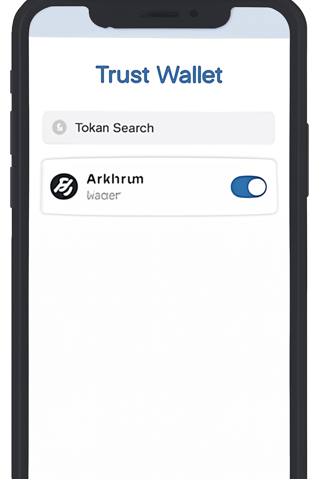 A smartphone screen showing the Trust Wallet app, with the token search filter open and 'Arbitrum (ARB)' being enabled.