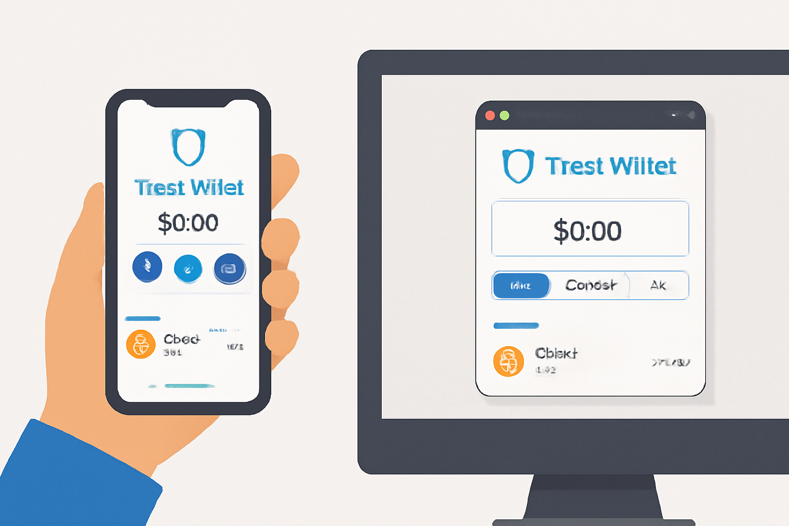 A person holding a smartphone displaying the Trust Wallet app home screen, or a computer screen with the Trust Wallet browser extension open, both showing a clean crypto wallet interface.