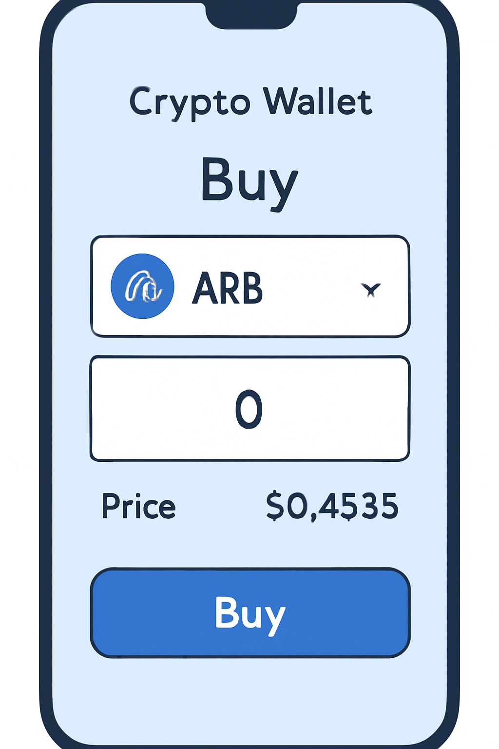 A crypto wallet app showing a 'Buy' screen with ARB selected, an amount entry field, and the current price $0.4535 visible.