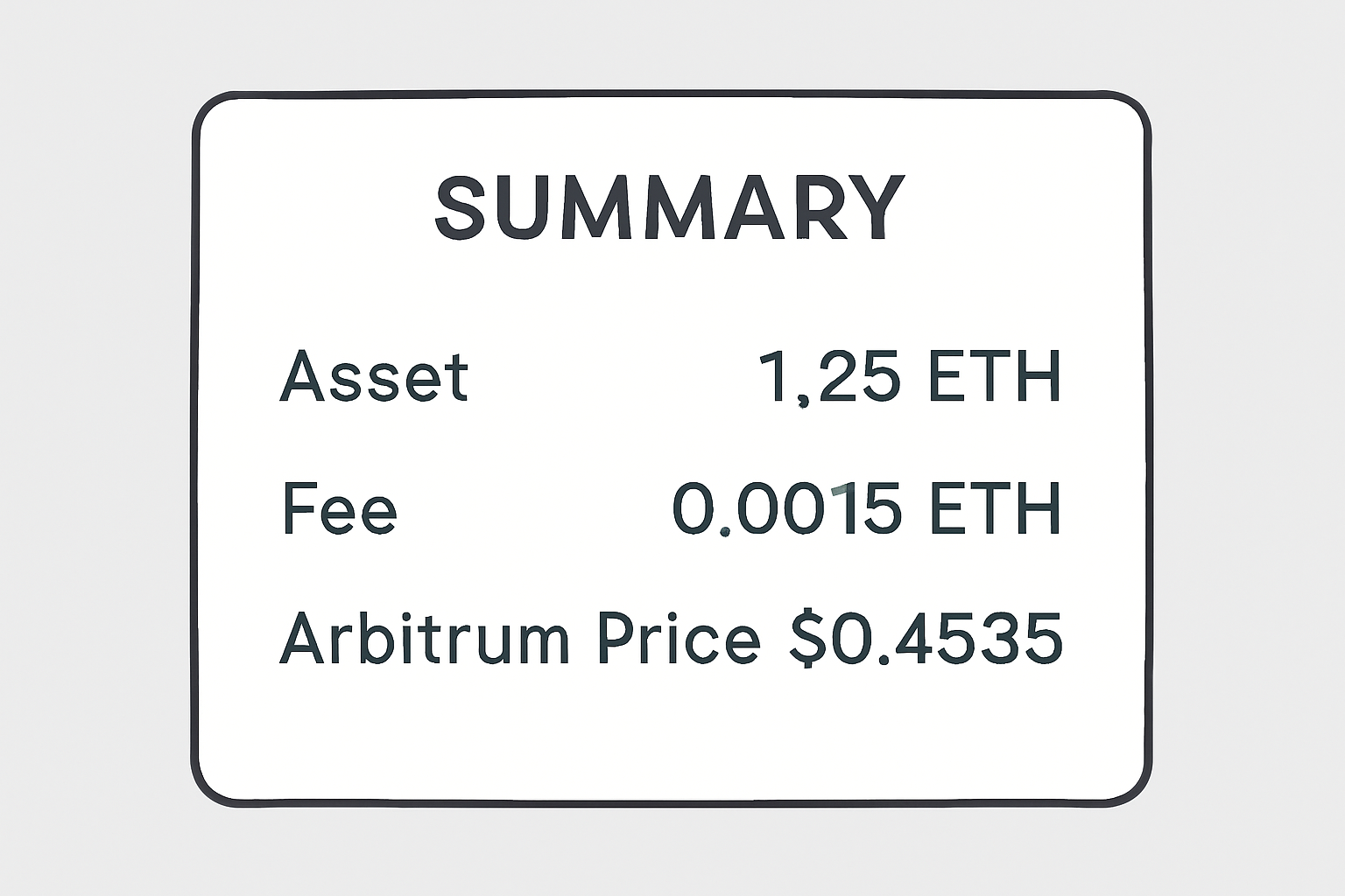A summary window displaying transaction details, including asset amount, fees, and Arbitrum price at $0.4535.