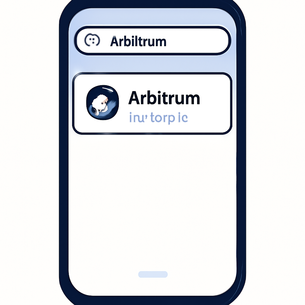 A mobile app interface with a search bar at the top, the word 'Arbitrum' being typed, and ARB token appearing in the search results.