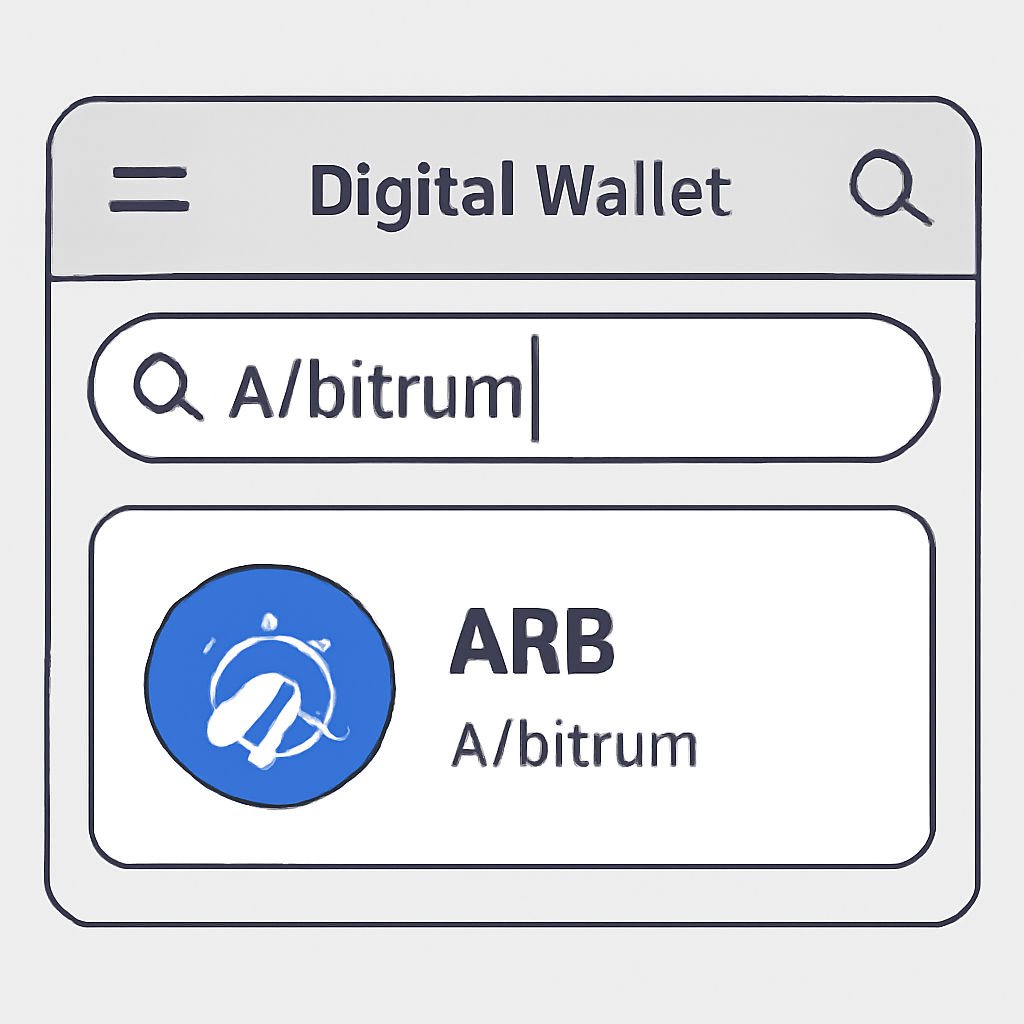 A digital wallet interface with a search bar and the word 'Arbitrum' being typed, showing ARB token results.