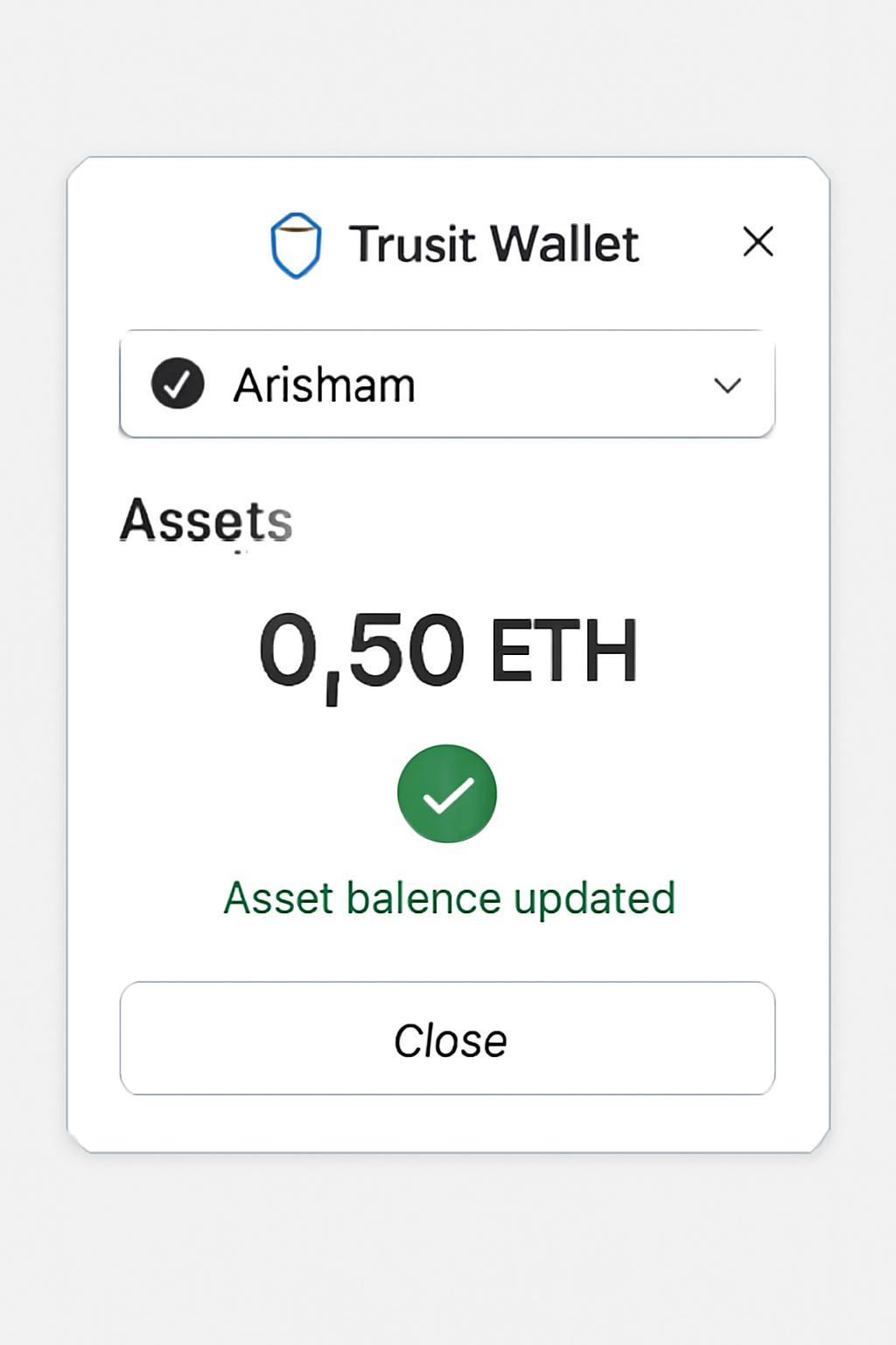 Trust Wallet extension showing the Arbitrum network selected and a successful asset balance update.