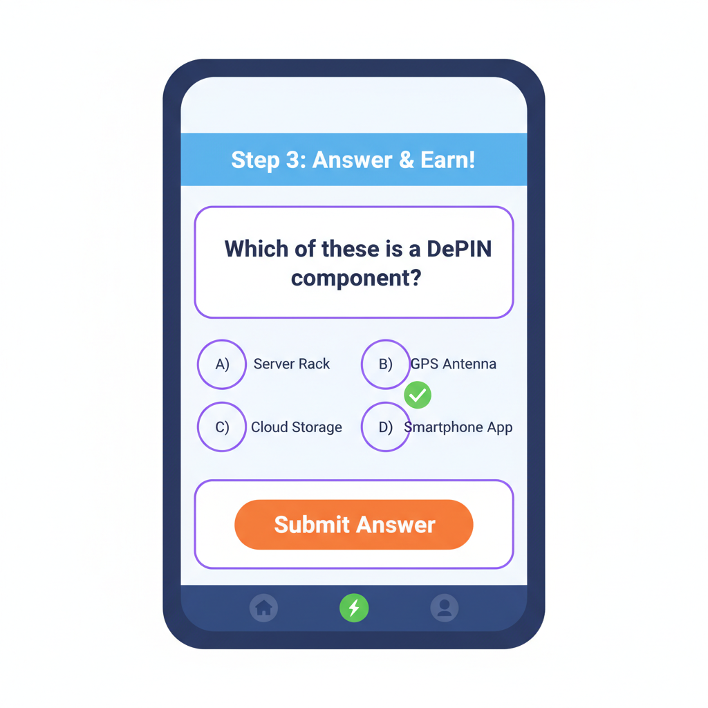 Task-to-earn quiz screen on mobile DePIN app