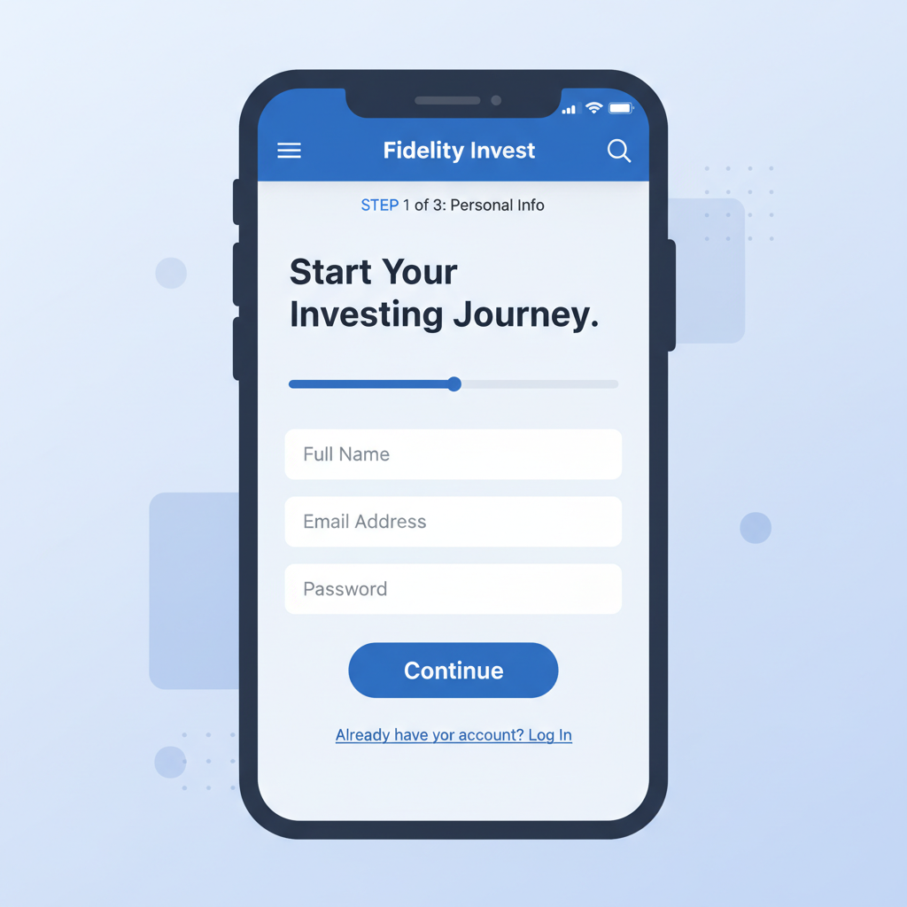 clean illustration of smartphone screen showing Fidelity or Schwab app signup, modern blue tones, beginner guide style