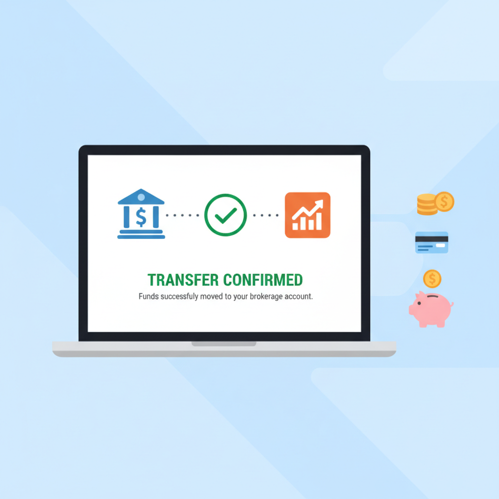 illustration of bank transfer to brokerage app on laptop, green checkmark confirmation, simple financial icons