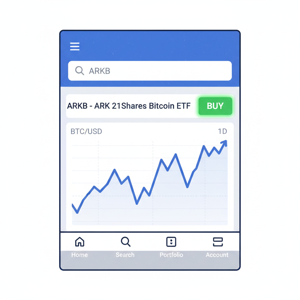 screenshot-style graphic of brokerage app searching ARKB ETF, buy button highlighted, bitcoin chart background