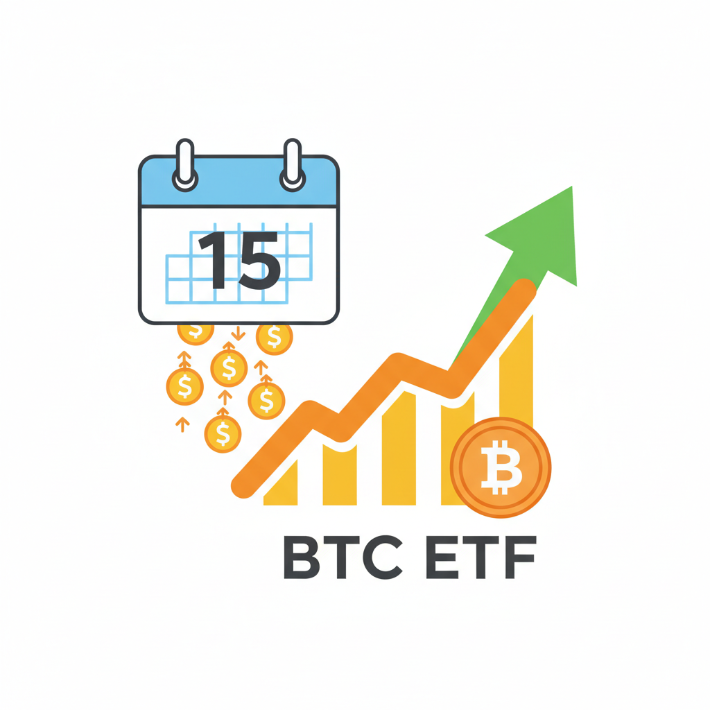 calendar icon with recurring dollar signs investing into bitcoin ETF graph, upward arrow trend, clean vector art