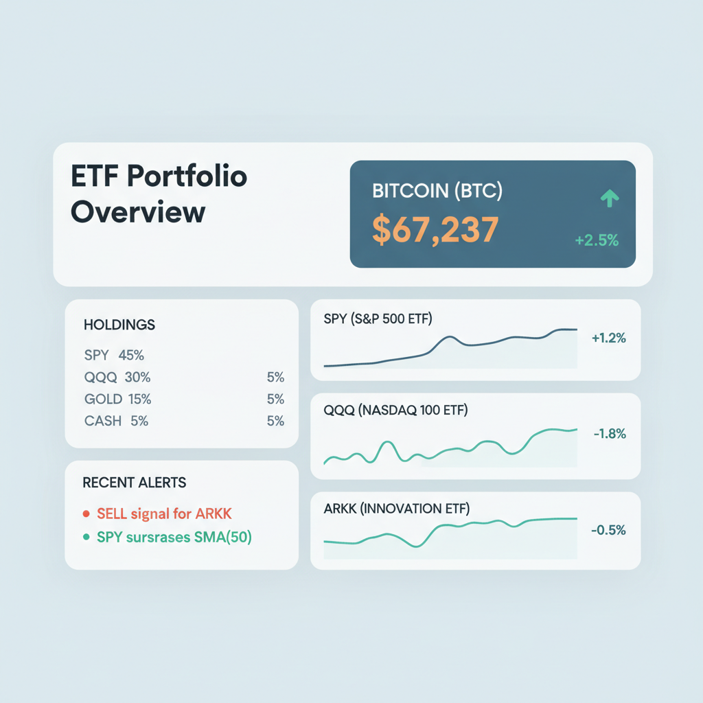 dashboard screen showing ETF portfolio with bitcoin price $67,237, charts and alerts, professional investor style