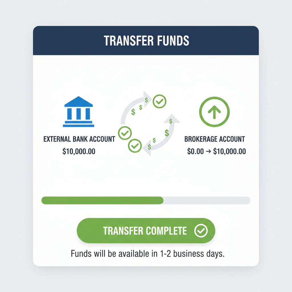 bank transfer interface on brokerage app, money flowing from bank to account, green success indicators