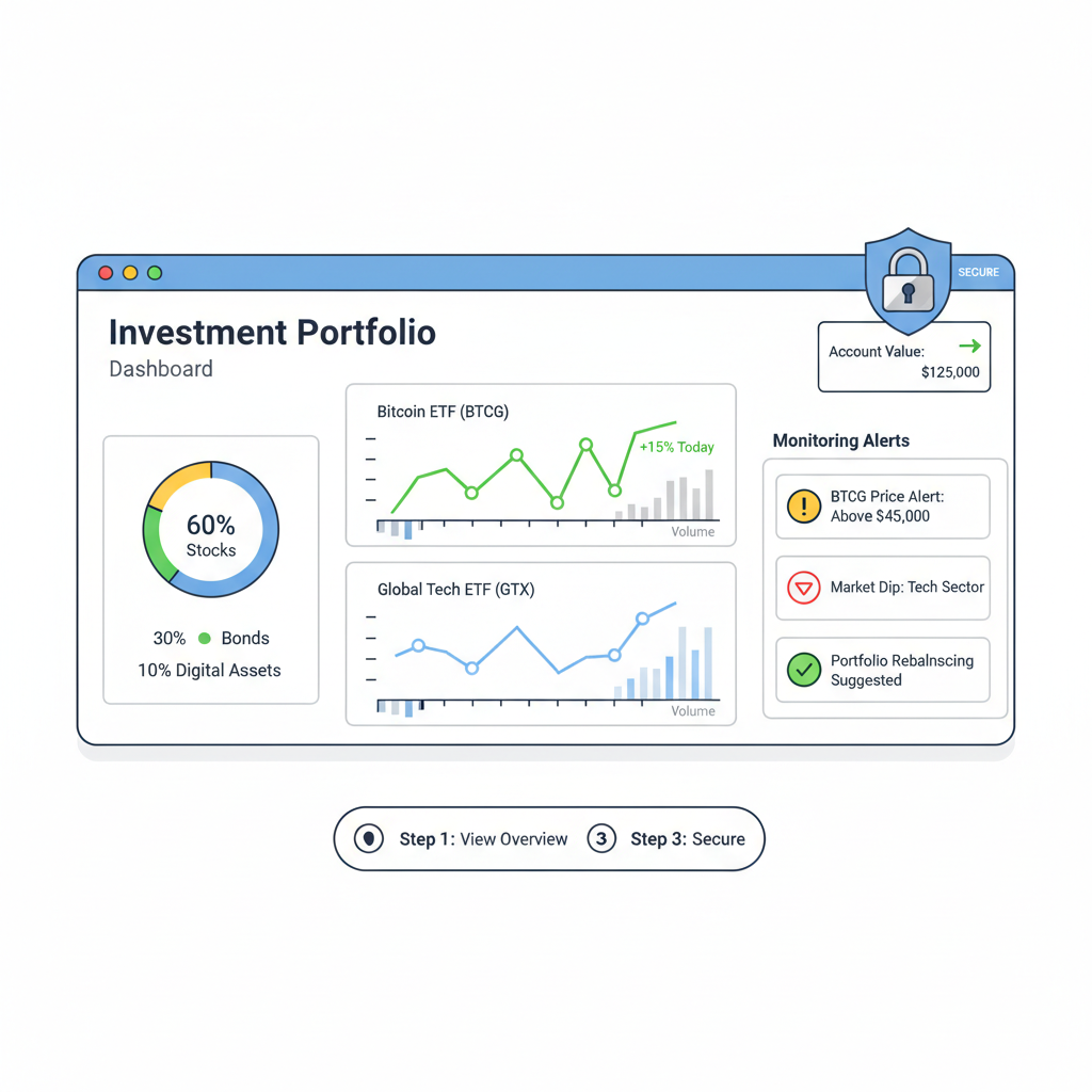 investment portfolio dashboard with Bitcoin ETF graphs, monitoring alerts, secure lock icon