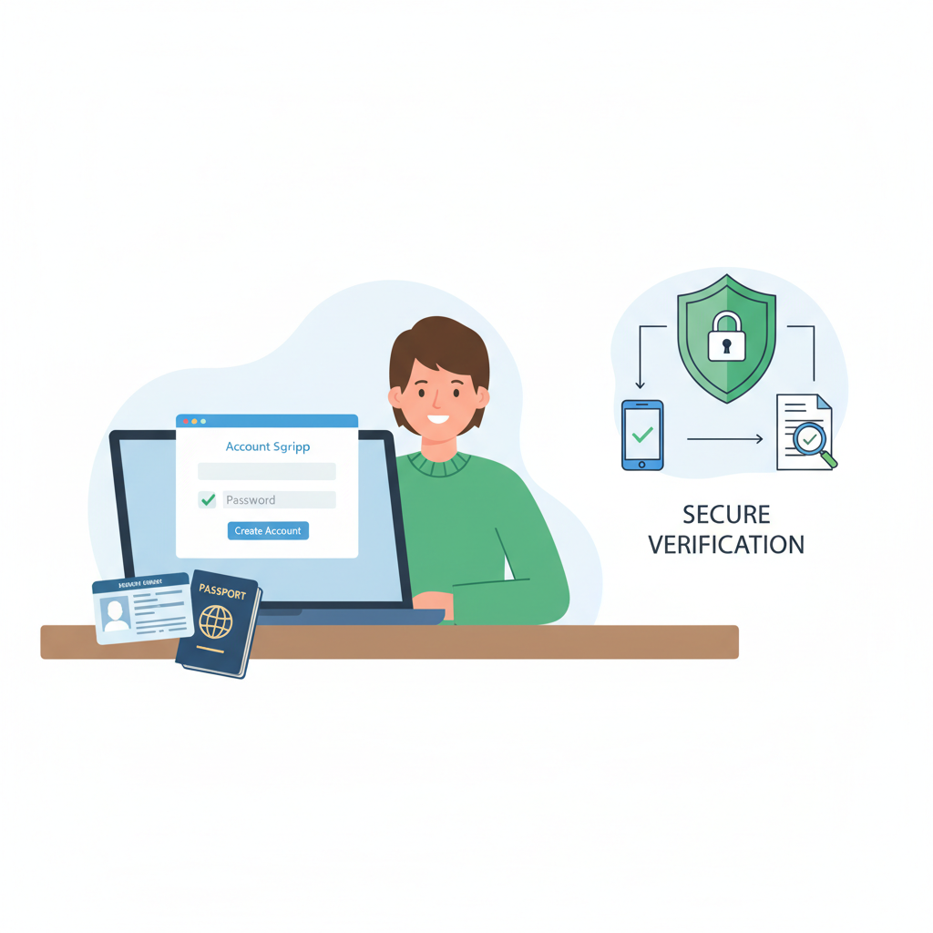 person completing account signup form on laptop, ID documents nearby, secure verification process illustration