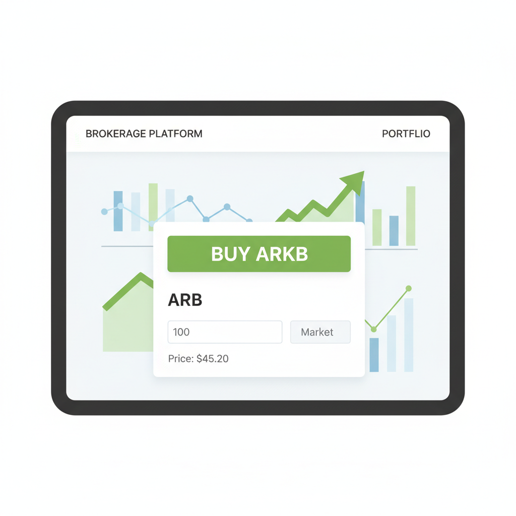 brokerage trade screen showing ARKB buy order, green buy button, price charts in background
