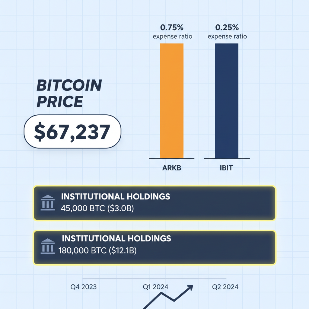 ETF comparison chart ARKB IBIT with Bitcoin price $67237, institutional holdings highlighted, analytical dashboard