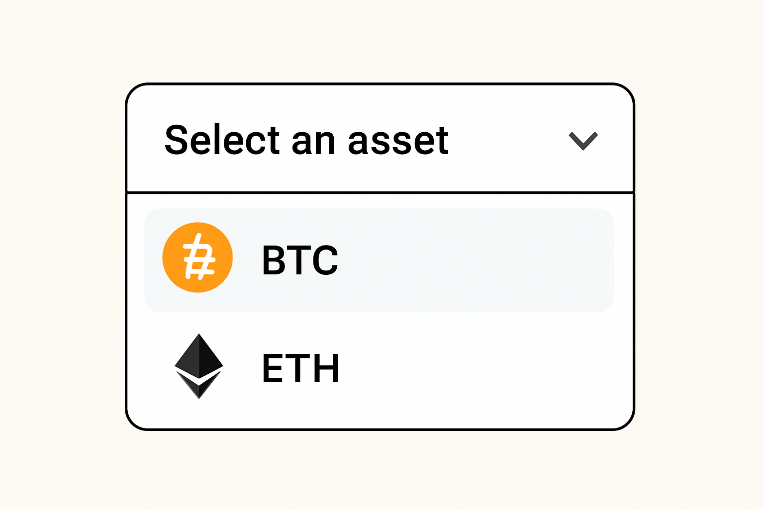 A dropdown menu in Ledger Live showing BTC and ETH as selectable options, with their logos.
