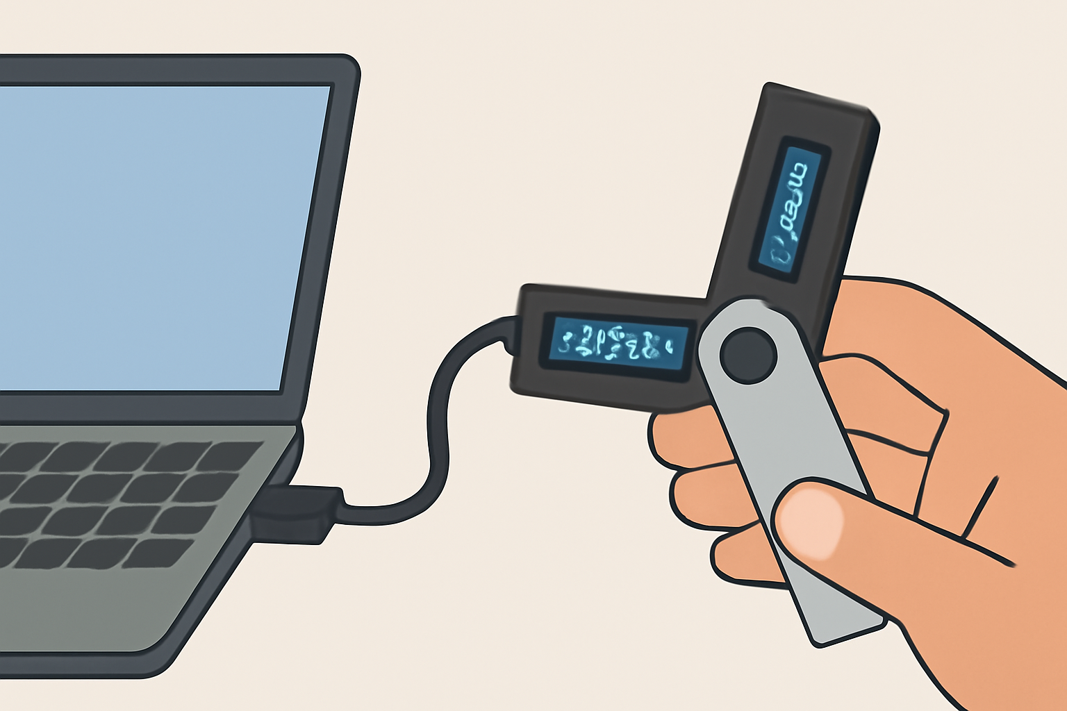 A hand connecting a Ledger hardware wallet to a laptop, PIN code screen visible on the device.