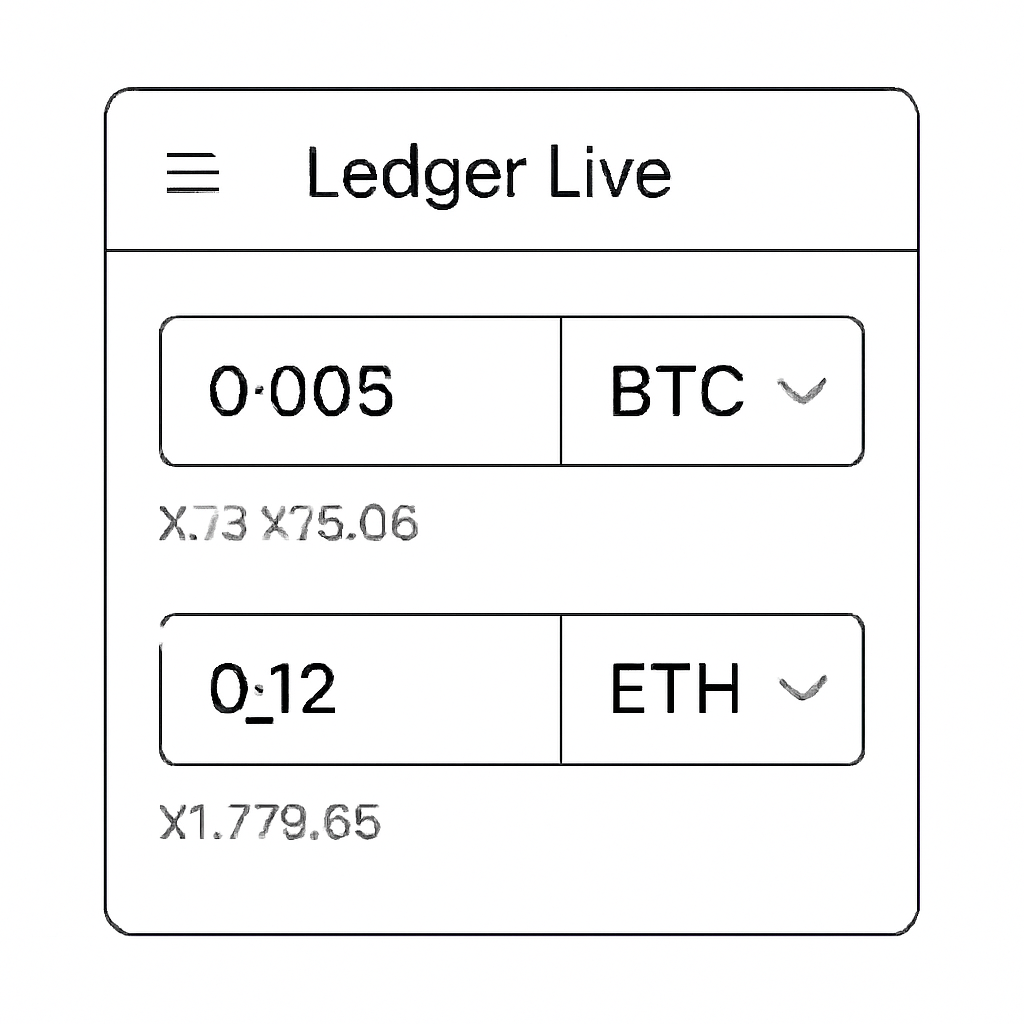 Ledger Live screen with amount entry fields for BTC and ETH, showing real-time exchange rates and fiat equivalents.