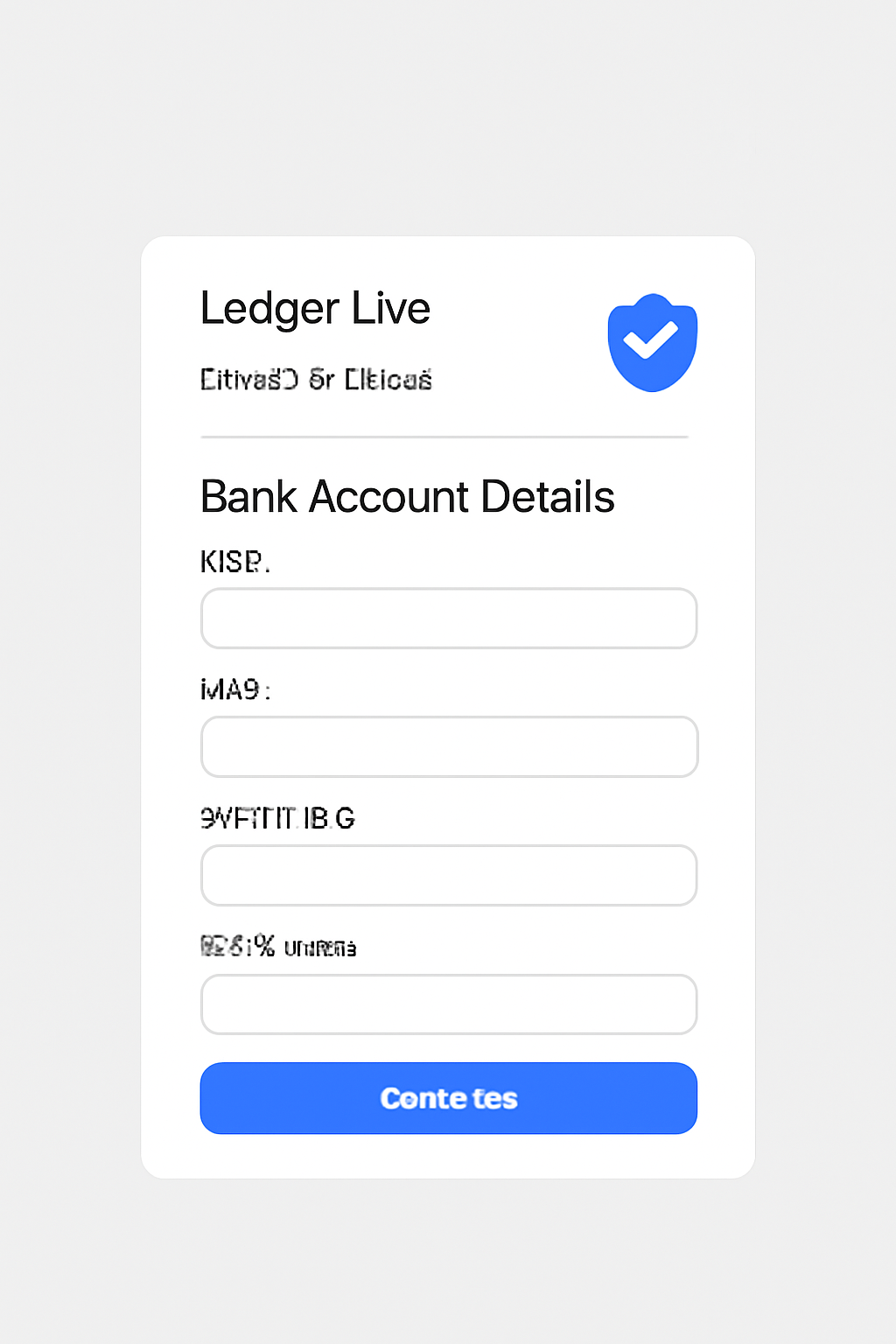 A secure form in Ledger Live requesting bank account details, with a shield icon for security emphasis.