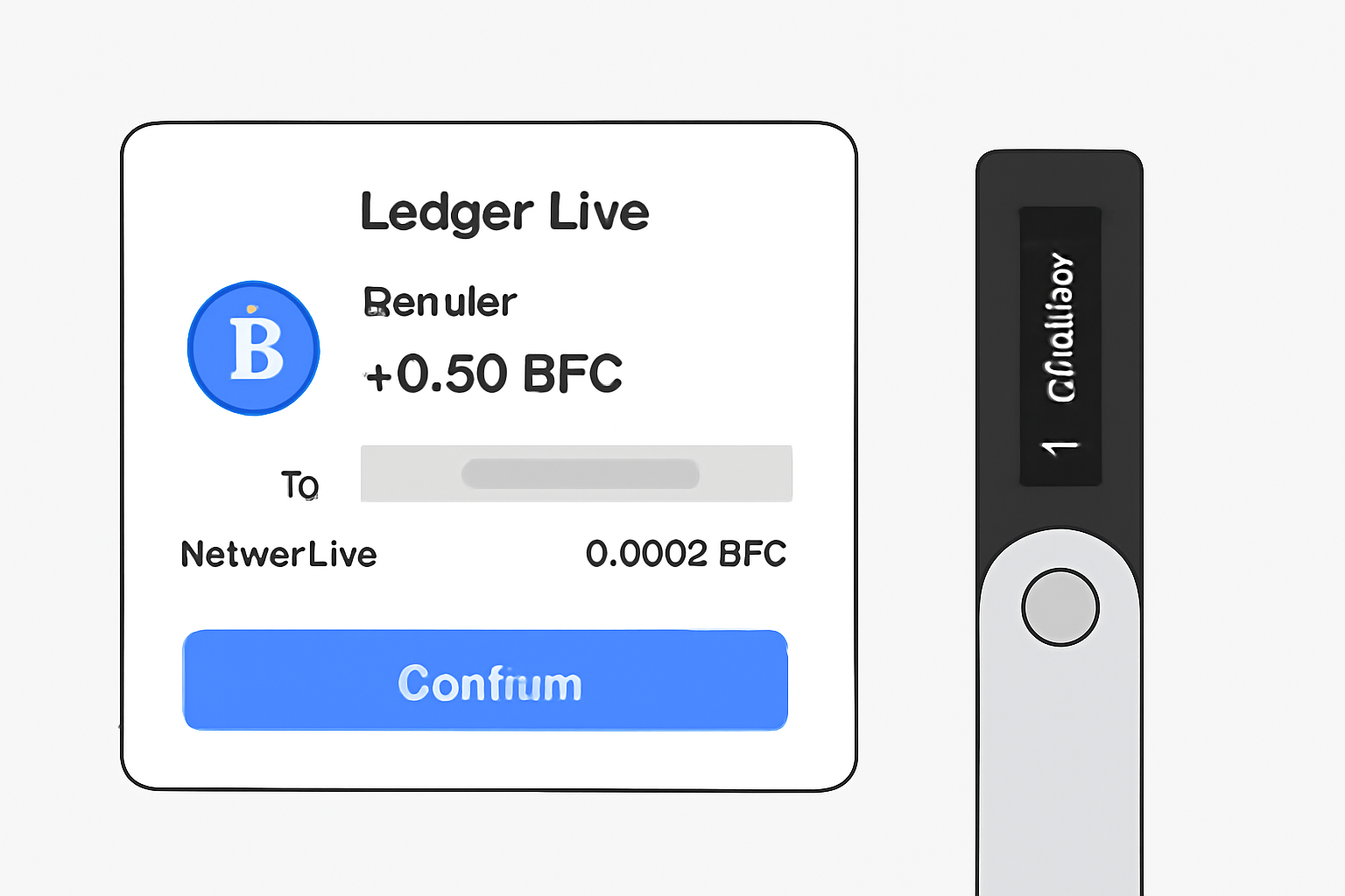 A summary screen in Ledger Live with transaction details and a Ledger device prompting for confirmation.