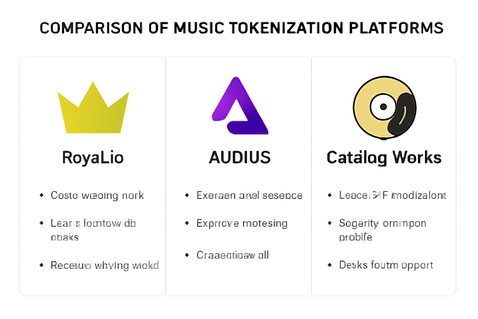A comparison chart of music tokenization platforms (Royal.io, Audius, Catalog Works) with icons and brief highlights, digital art, clean layout