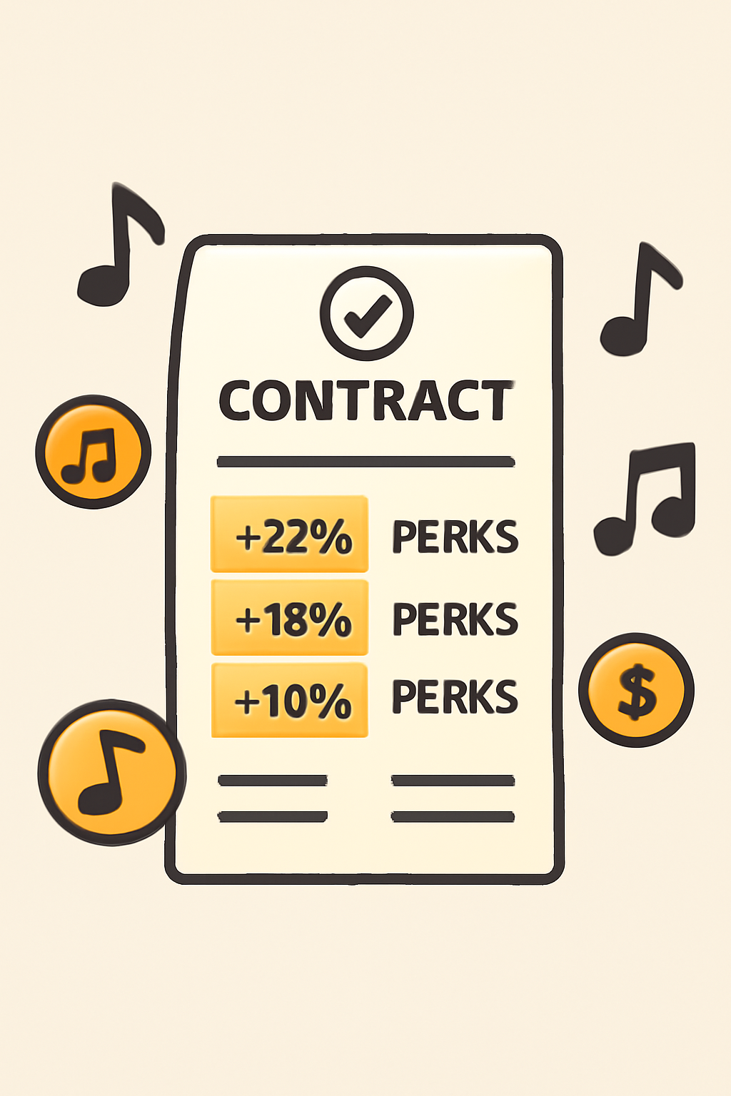 A contract or agreement document with highlighted percentages and perks, music notes and tokens around, creative and inviting