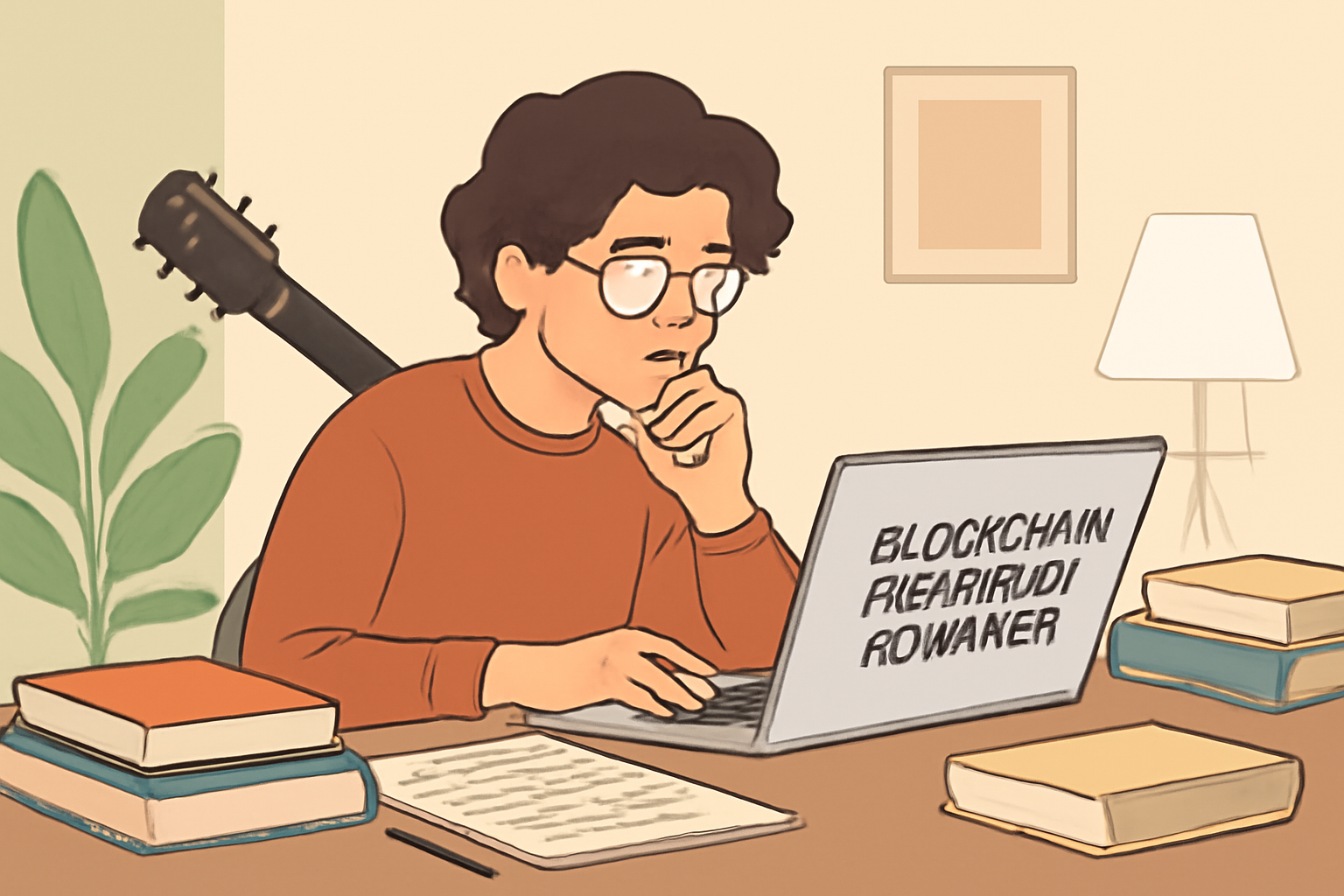 An indie musician reading about blockchain and music royalties on a laptop, surrounded by books and notes, soft lighting, modern workspace