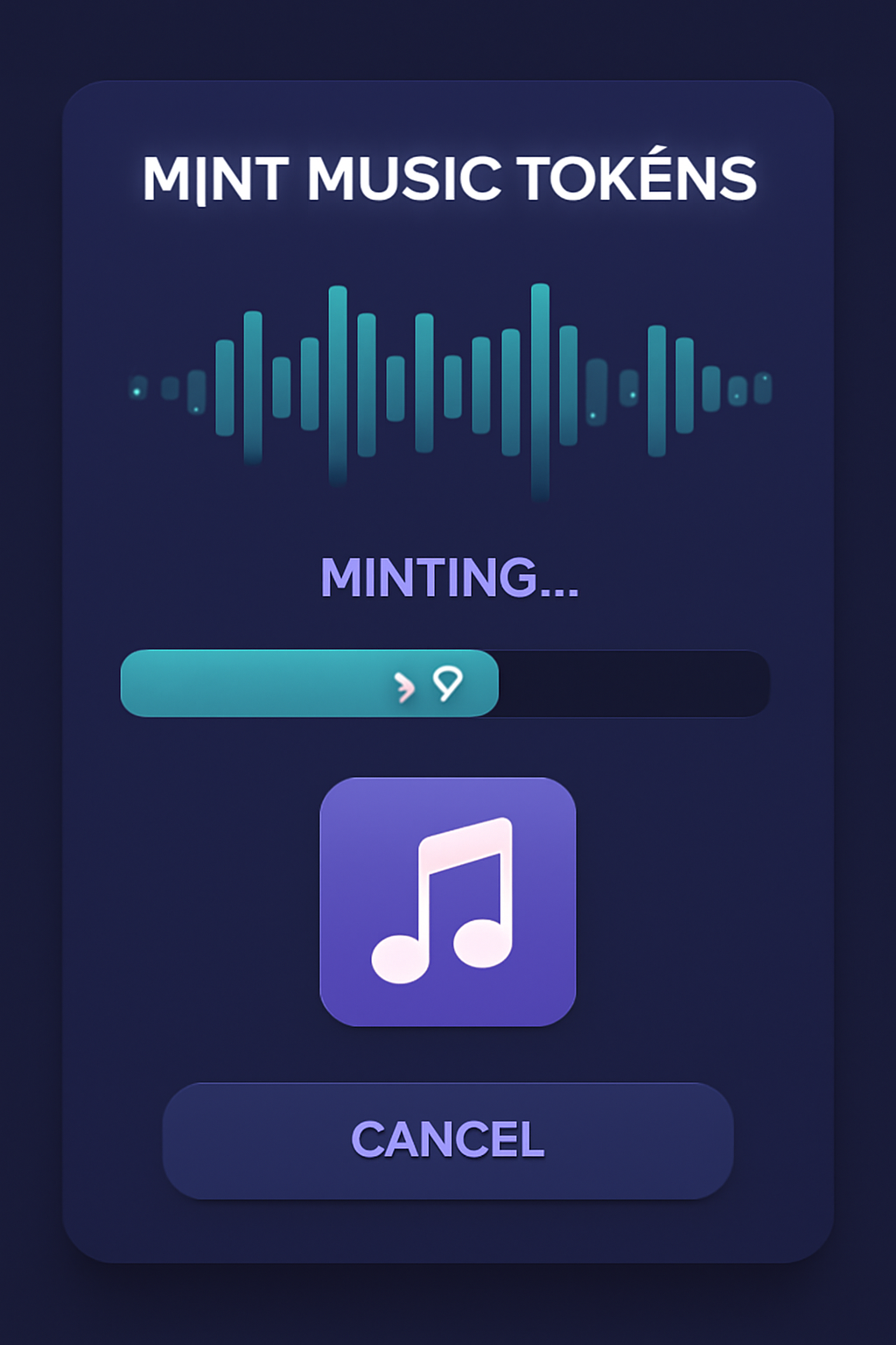 A digital interface showing the minting of music tokens, with a progress bar and a song waveform in the background, futuristic style