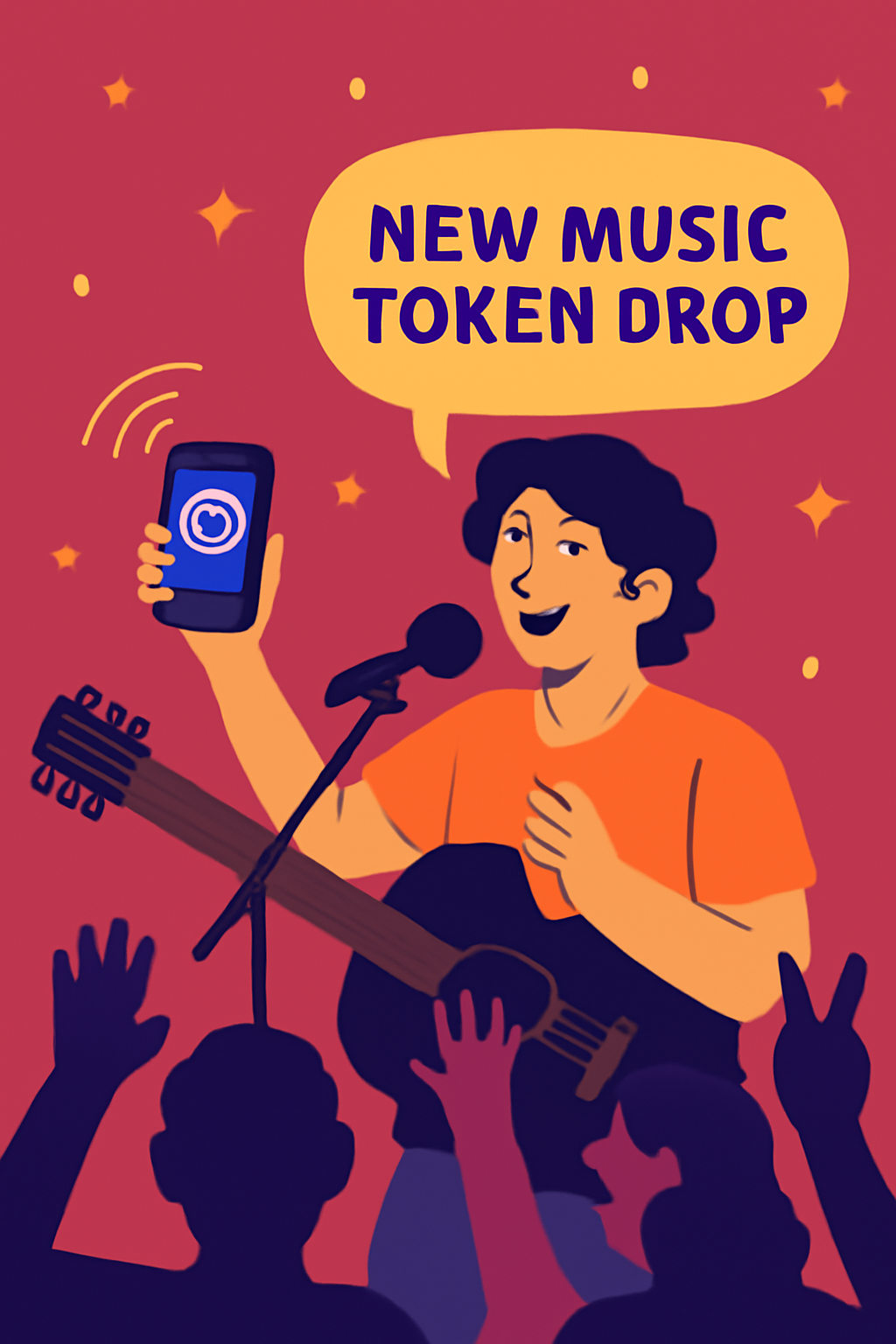 An indie artist on stage or livestream, holding a phone, engaging with excited fans about a new music token drop, vibrant and energetic