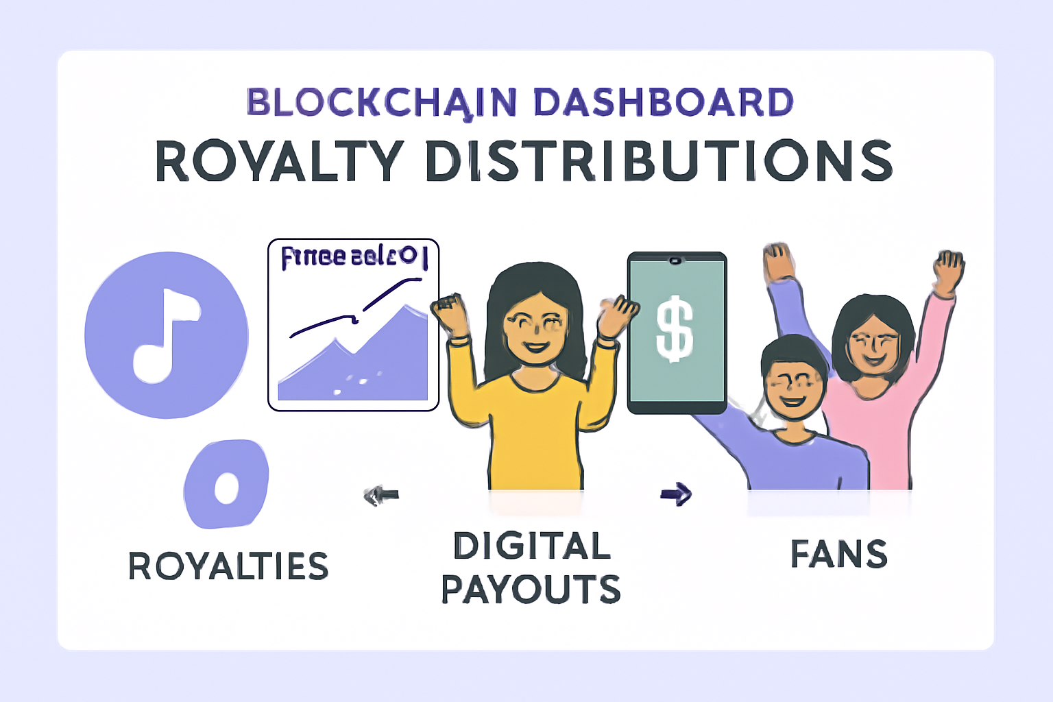 A blockchain dashboard showing royalty distributions, with happy fans receiving digital payouts, clear and modern design