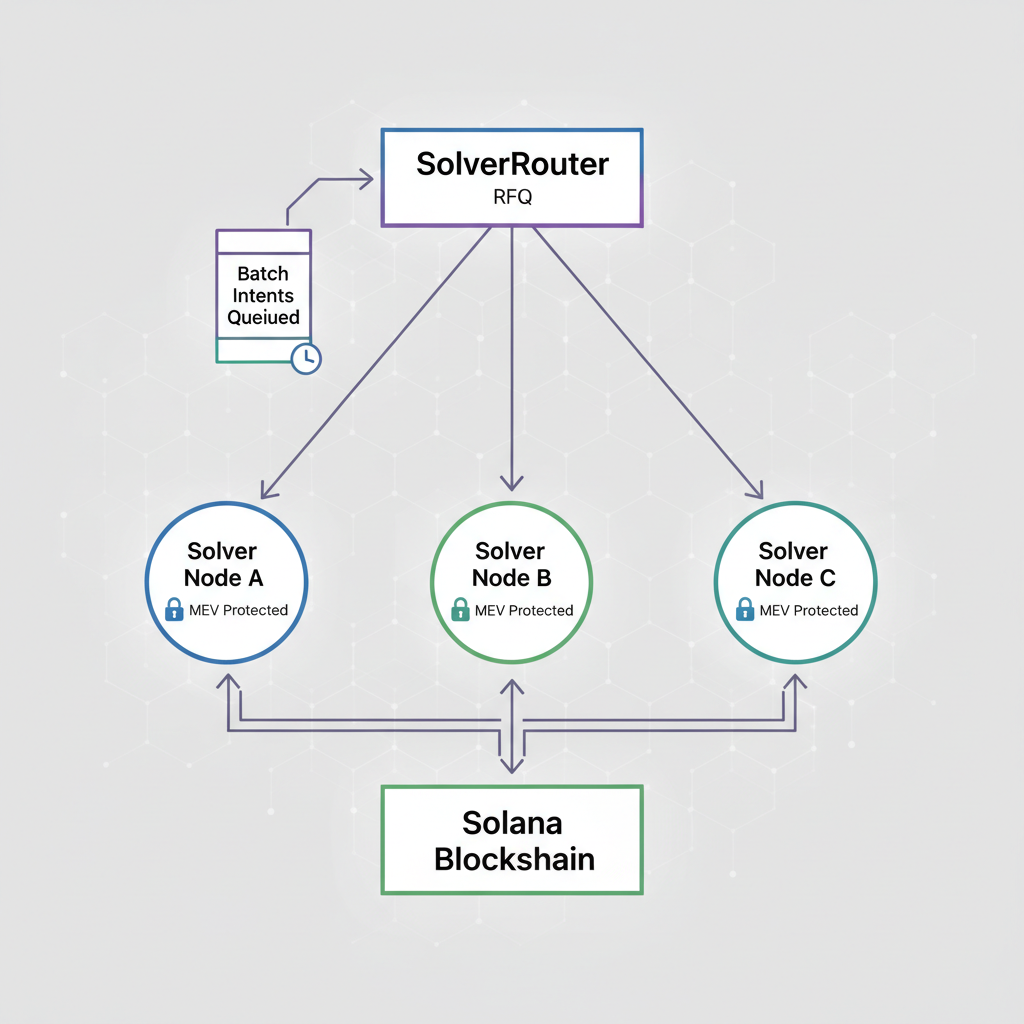 flow diagram RFQ from SolverRouter splitting arrows to multiple competing solver nodes in network, batch intents queued, Solana MEV protection theme, minimalist tech style