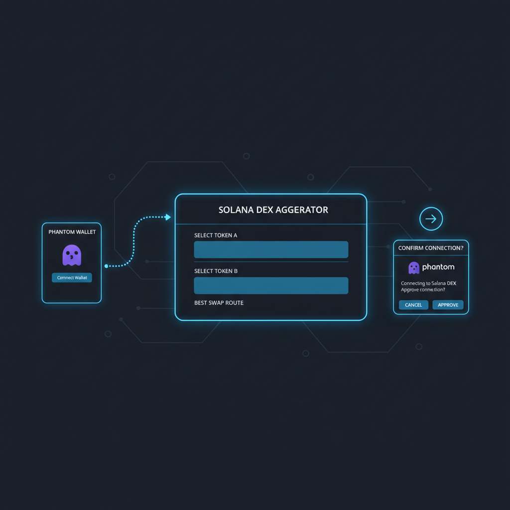 user connecting Phantom wallet to Solana DEX aggregator UI, clean futuristic interface, blue neon accents