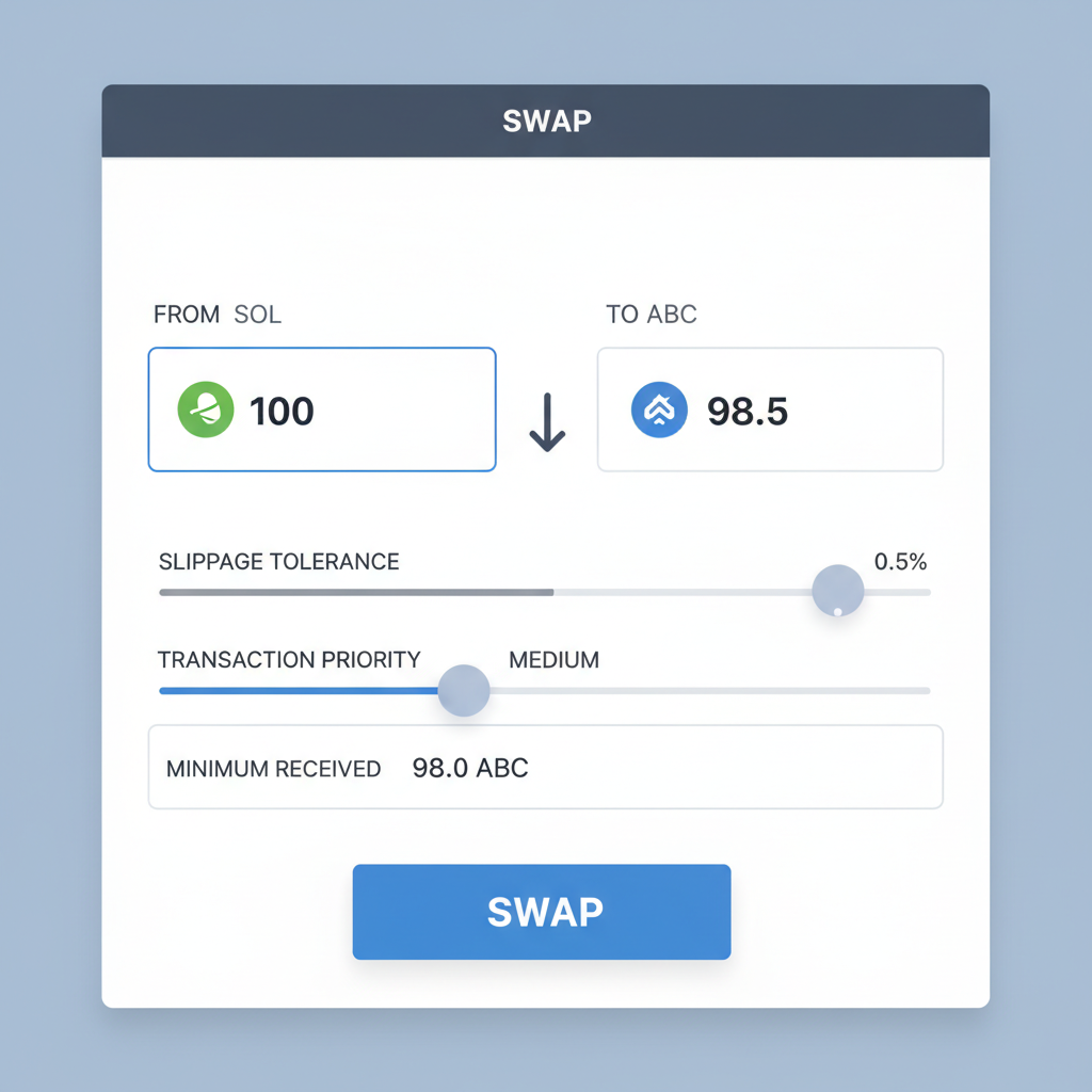 user inputting swap intent on DEX interface, SOL to token exchange form, strategic sliders and min output field