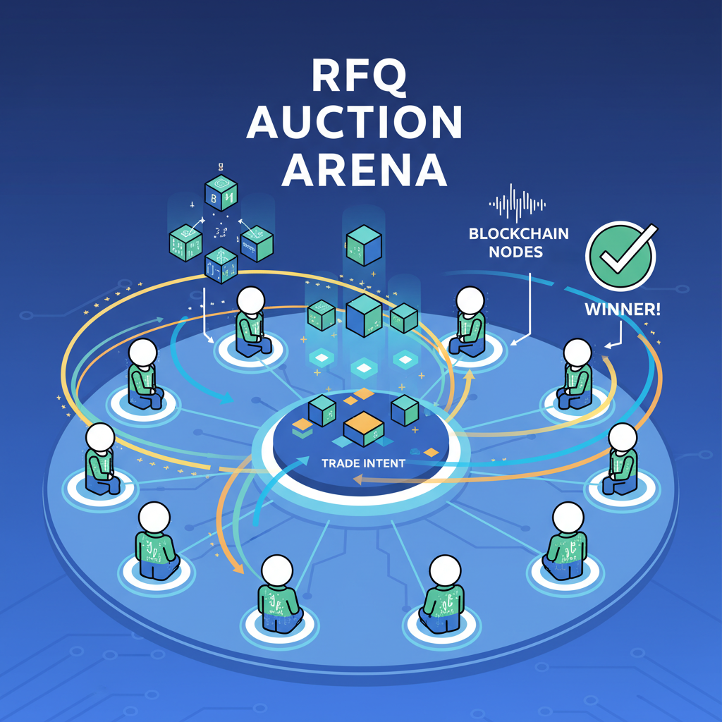 digital solvers competing in RFQ auction arena, blockchain nodes bidding on trade intent, competitive energy visualization