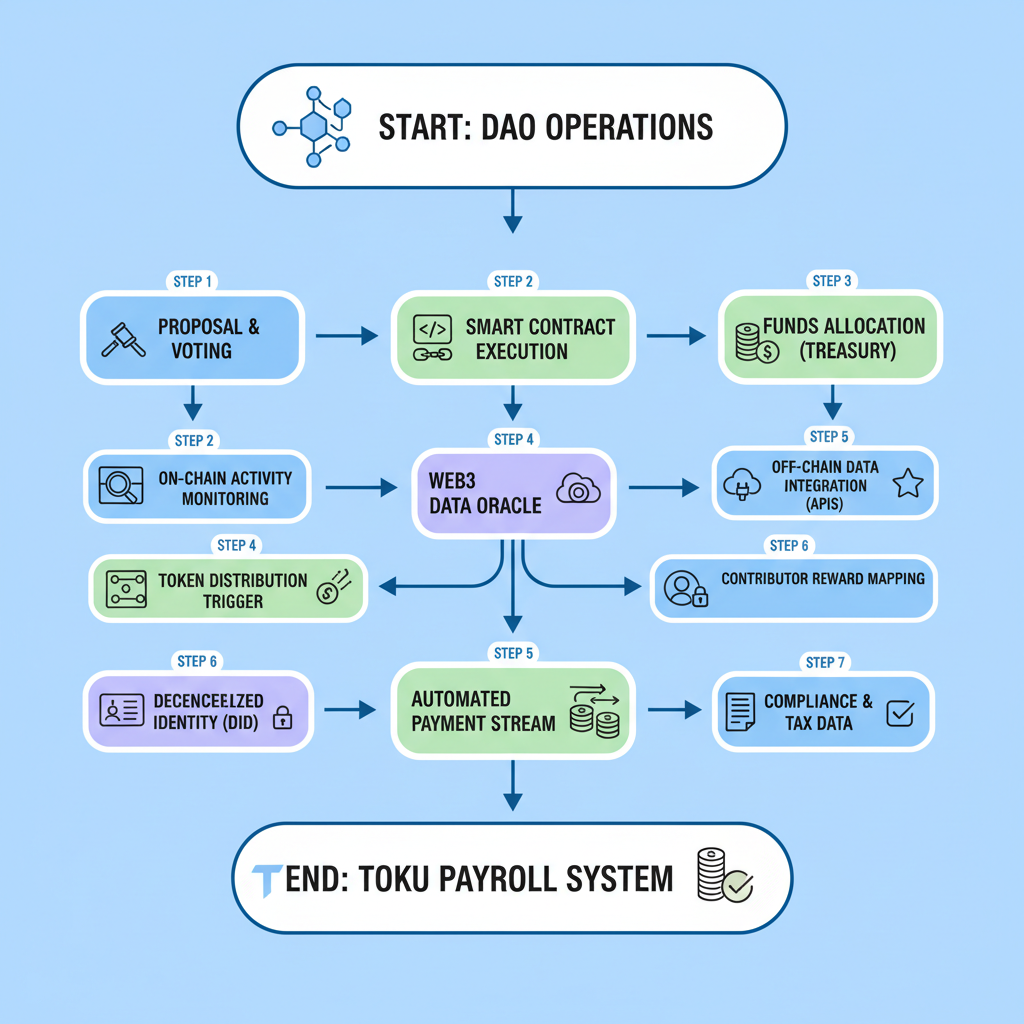 Automation workflow from DAO tools to Toku payroll system, flowchart with web3 elements