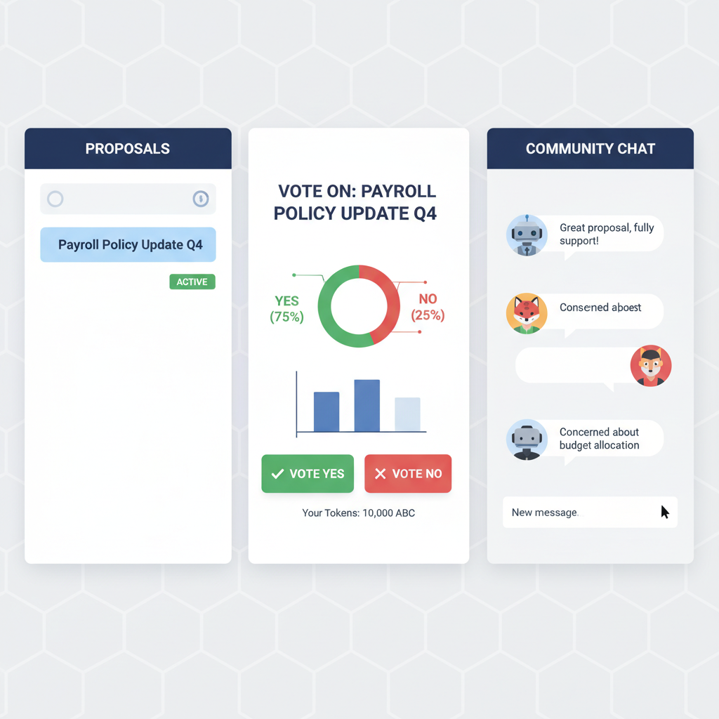 DAO community voting on payroll policies in a digital governance interface, professional web3 illustration