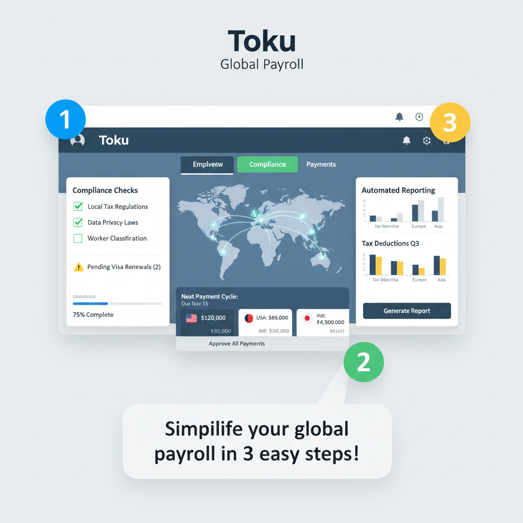 Toku payroll dashboard showing compliance checks and global payments, modern fintech interface