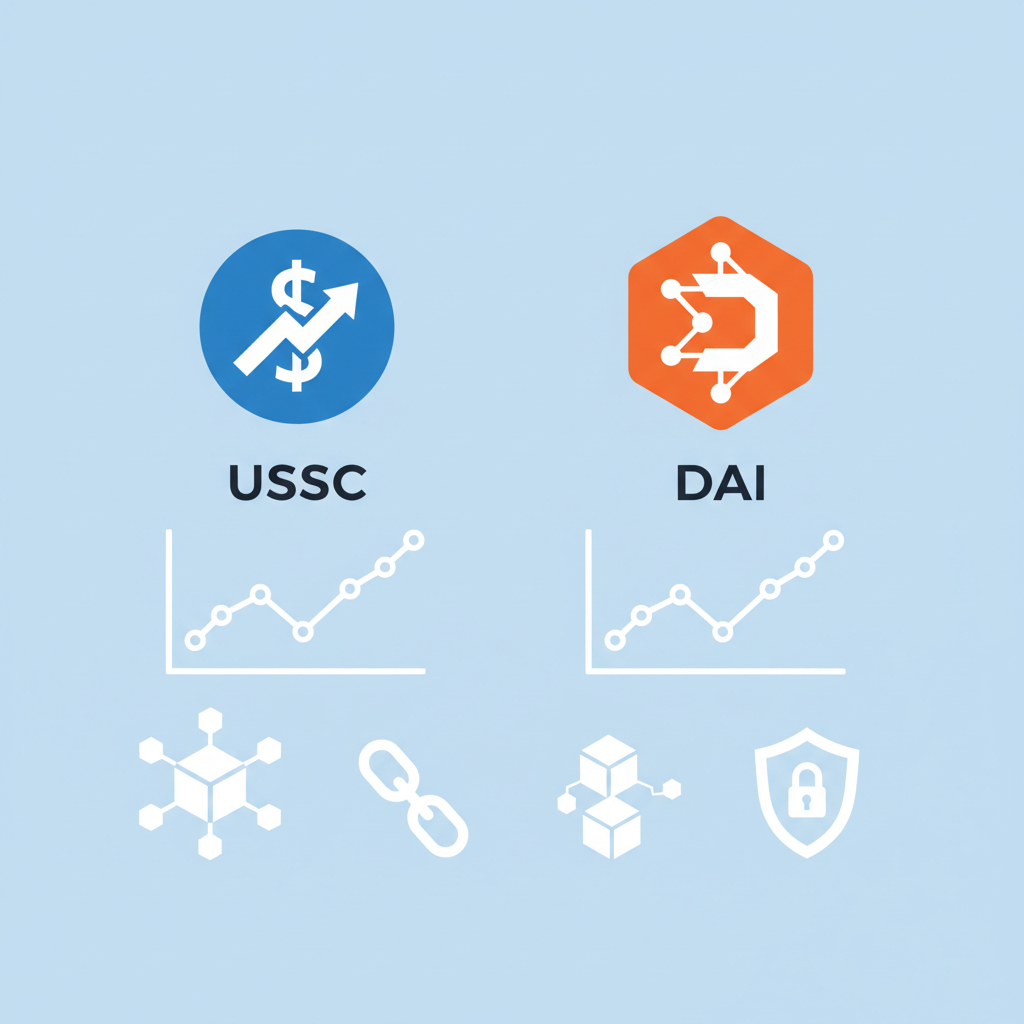 USDC and DAI stablecoin logos with liquidity charts and blockchain icons, clean professional graphic