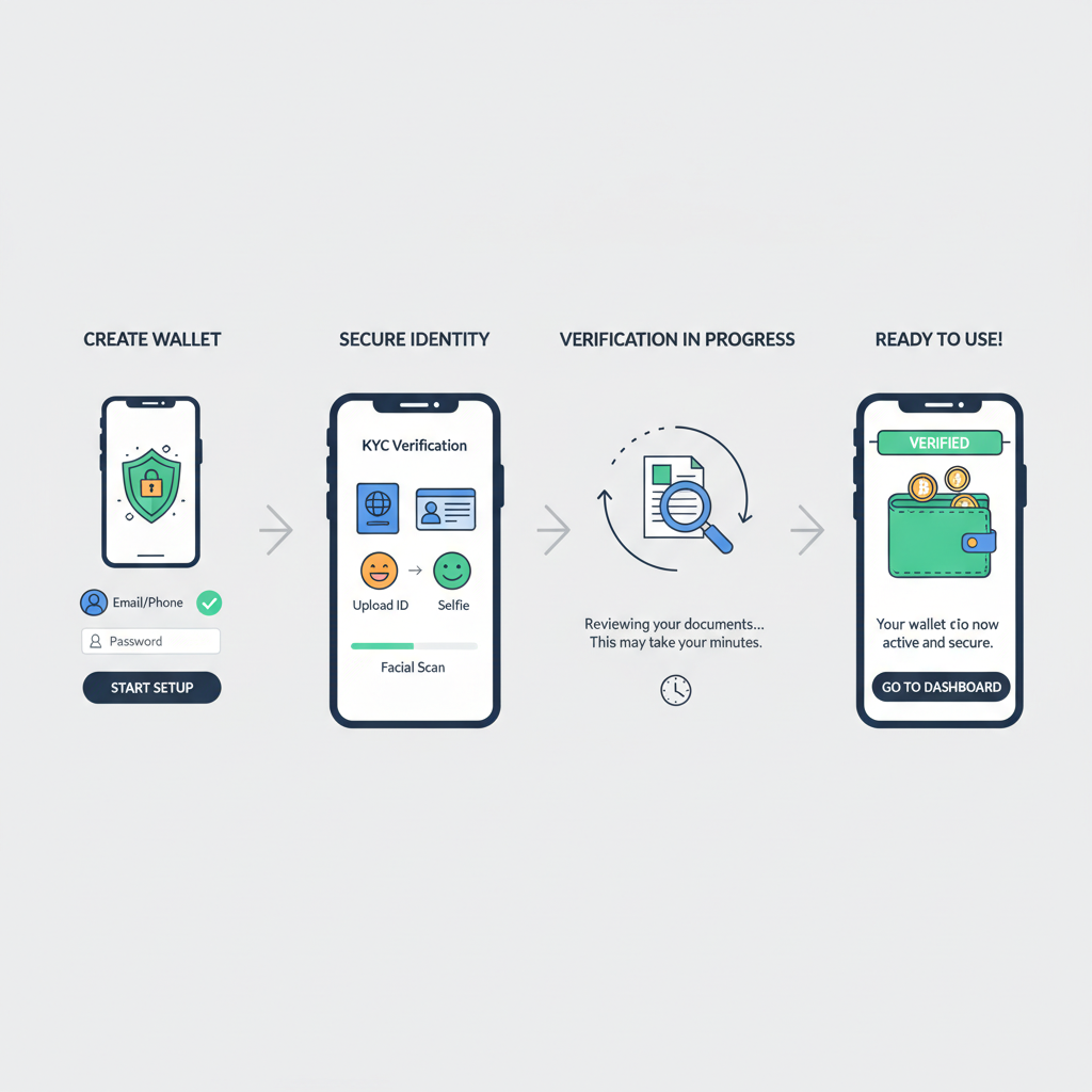 Crypto wallet setup with KYC verification process, secure digital onboarding illustration