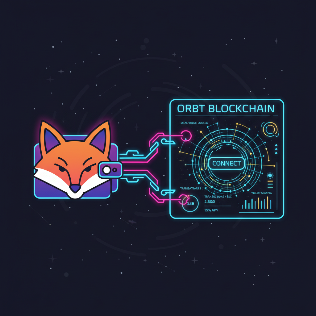 Vibrant MetaMask wallet connecting to glowing ORBT blockchain dashboard, neon chains linking, futuristic DeFi style