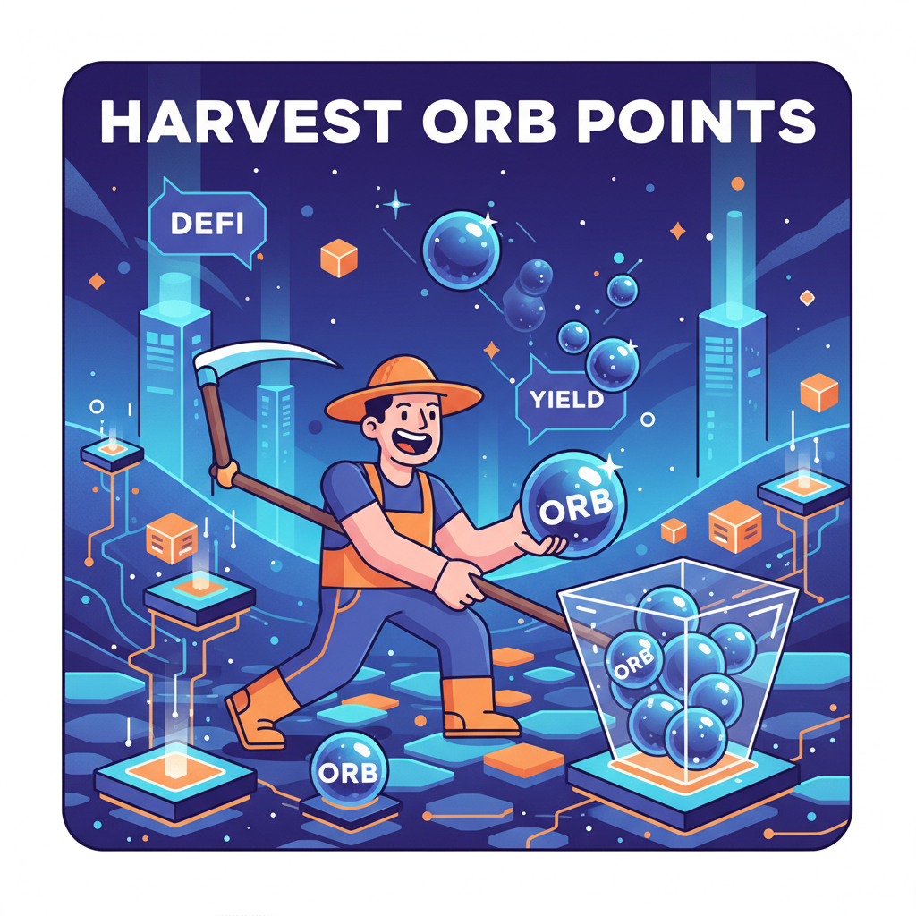 Energetic farmer harvesting shiny ORB points in cosmic blockchain field, modules glowing, high-energy DeFi vibe