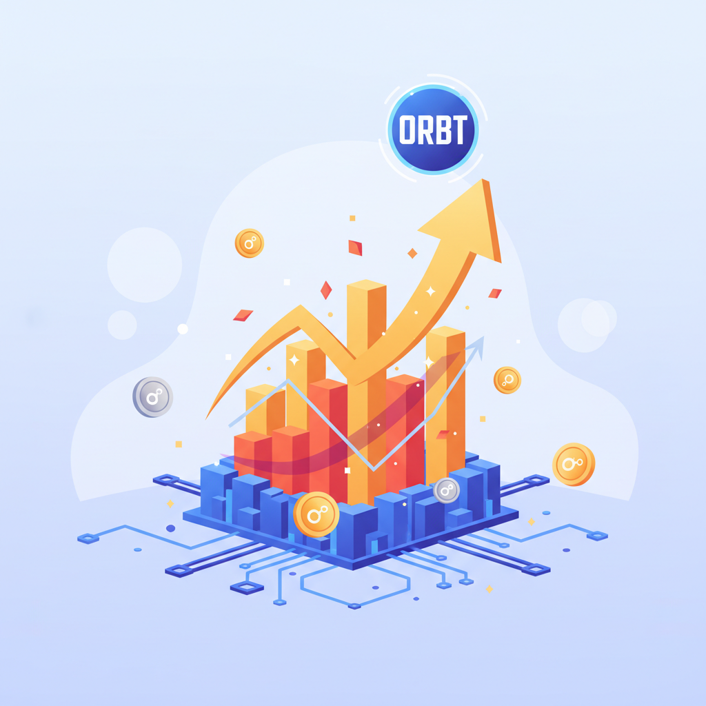 Exploding credit score chart rising from blockchain data streams, ORBT logo, dynamic graphs and ORB tokens flying